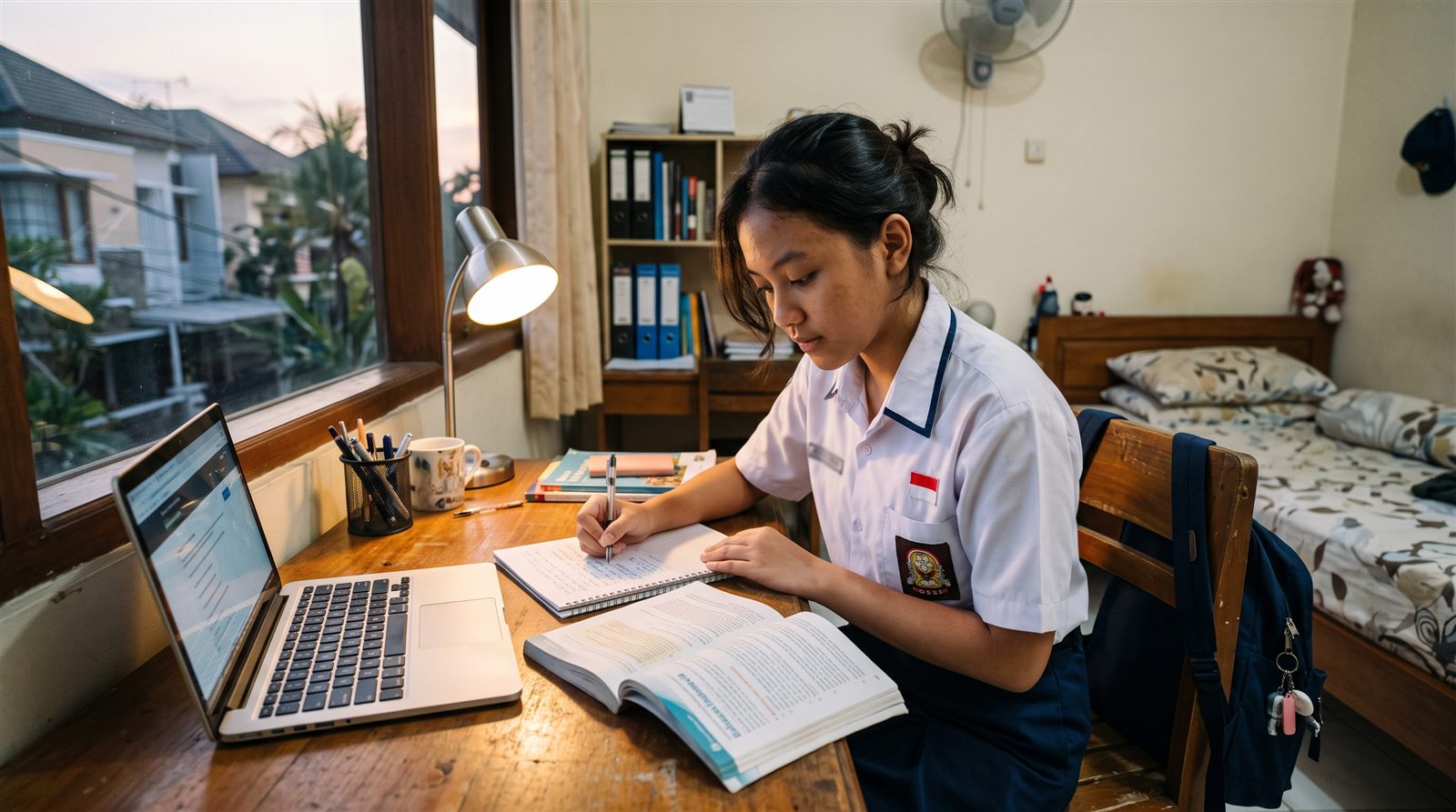 Siswa SMA di Indonesia belajar bahasa Jepang di kamarnya dengan buku dan laptop