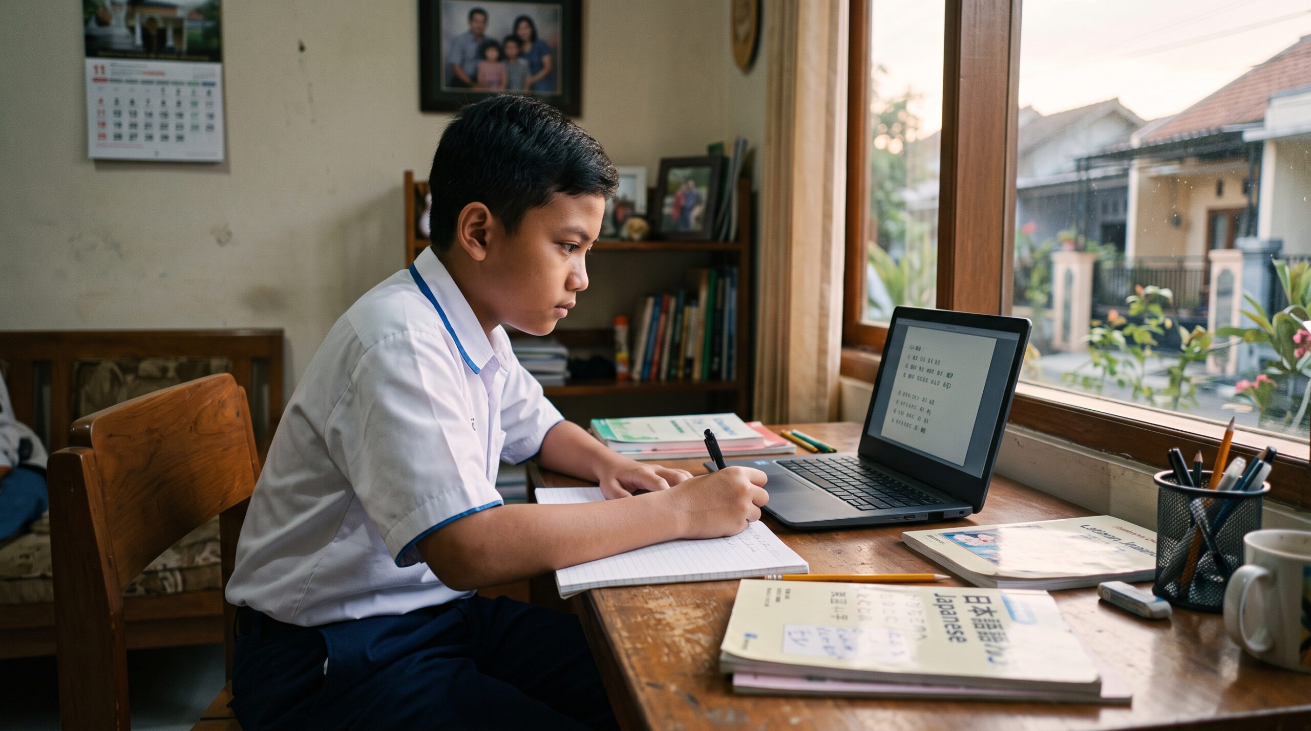 Siswa SMP Indonesia belajar bahasa Jepang dengan laptop di meja belajar