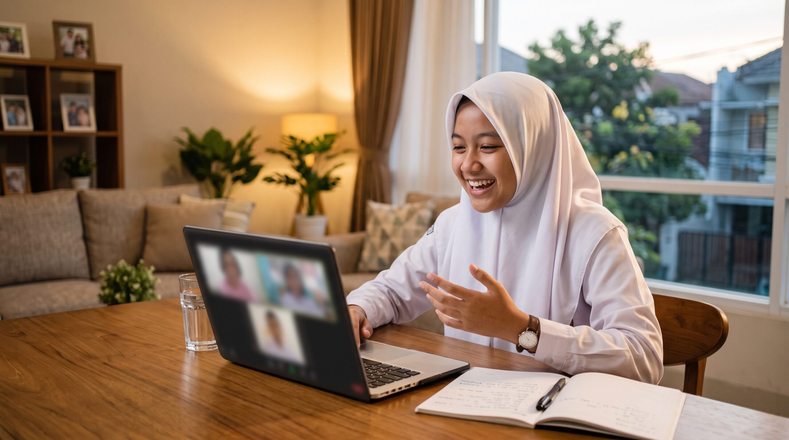 Siswa SMP Indonesia tersenyum saat kelas bahasa Jepang online bersama teman sebaya