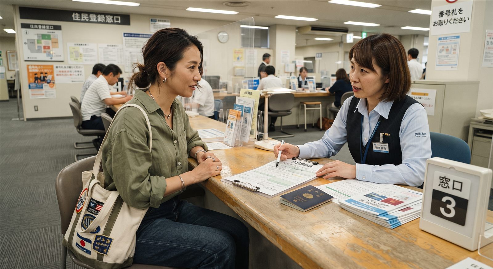 日本の市役所の住民異動窓口で、職員から書類の説明を受けている保護者