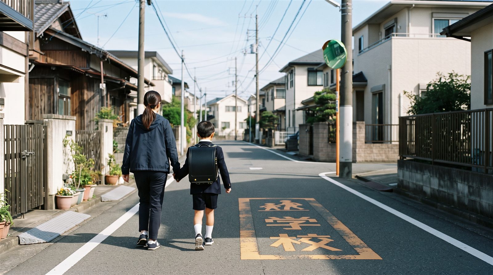 朝の住宅街の通学路を、ランドセルの子どもと並んで歩く保護者の後ろ姿