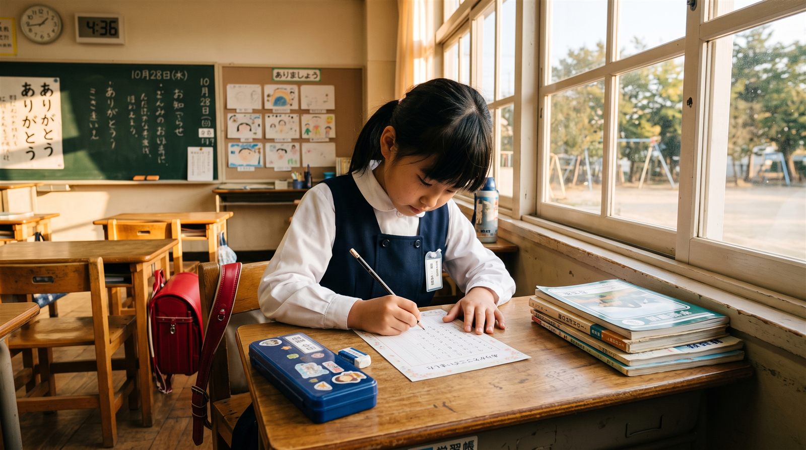 日本の小学校の教室で、机に向かってお礼の手紙を書く子ども
