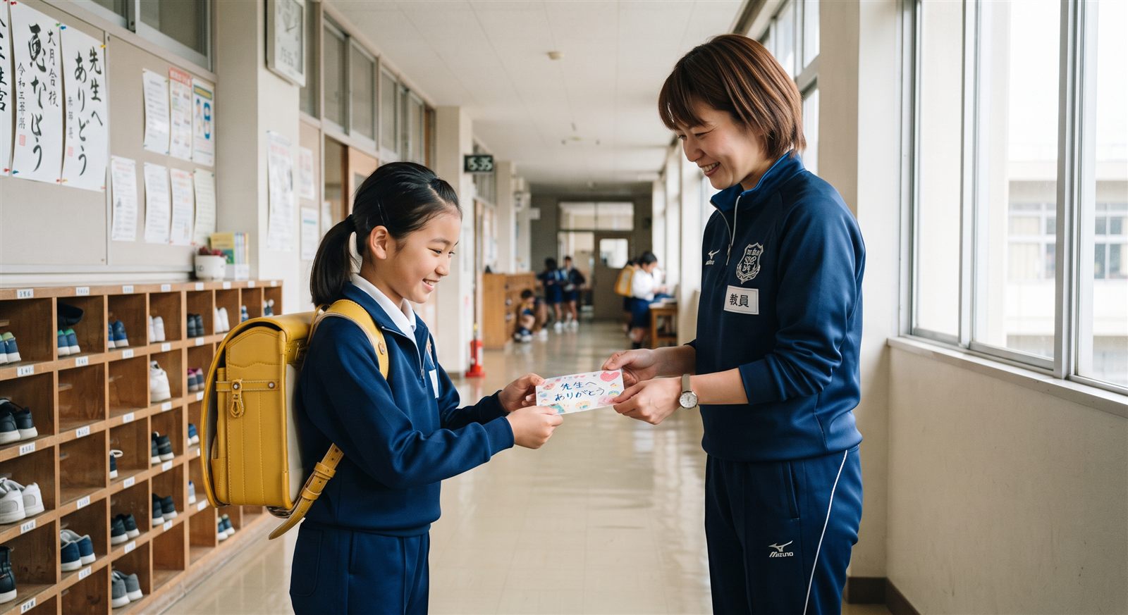 小学校の廊下で、担任の先生に手作りのカードを両手で渡す児童
