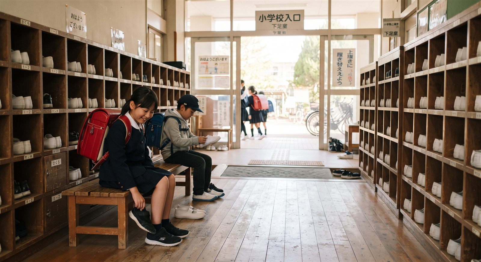 日本の小学校の玄関。下駄箱に上履きが並び、児童が靴を履きかえている