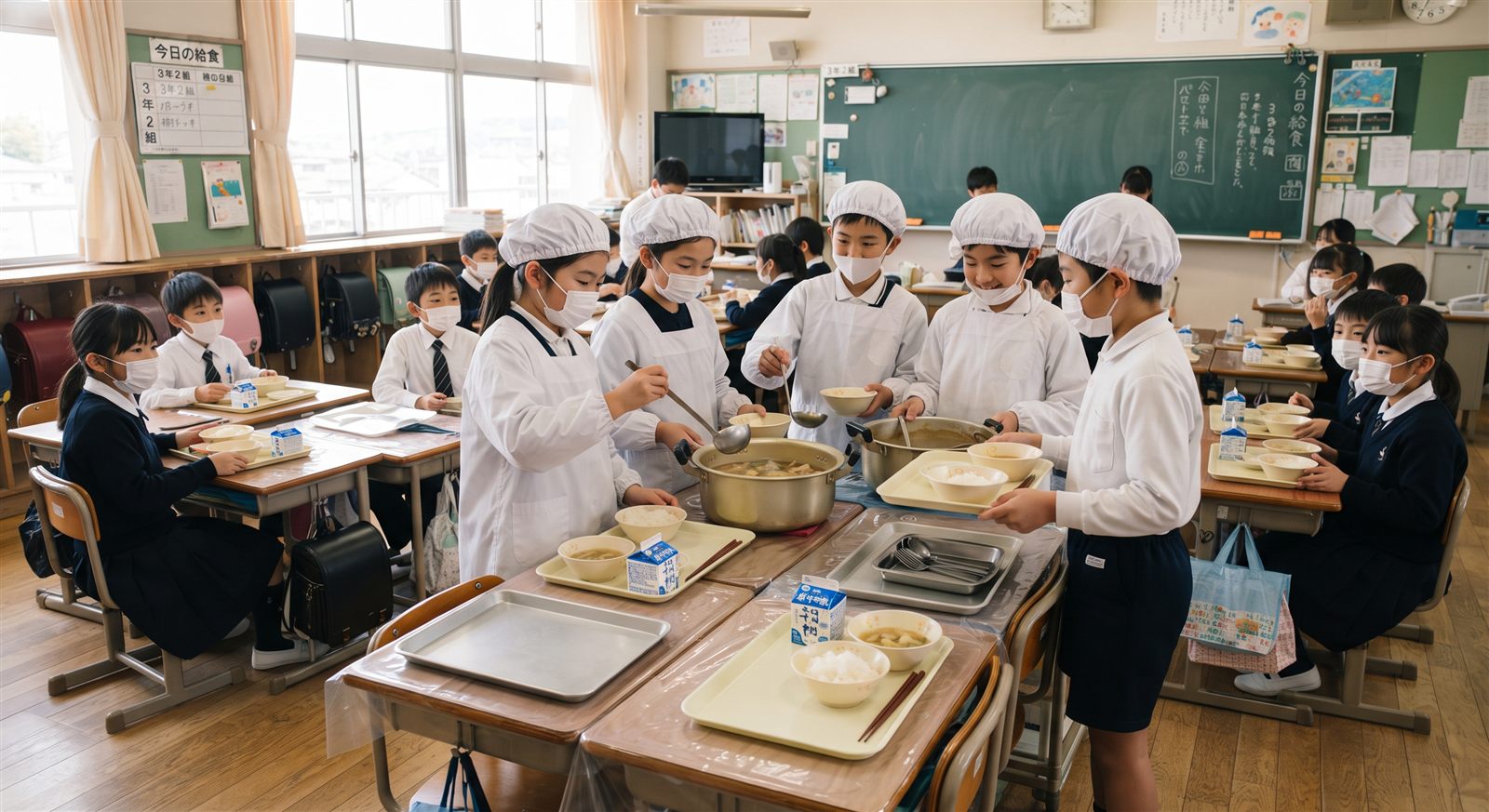 日本の小学校の教室での給食の配膳。白い割烹着と帽子の児童が当番をしている