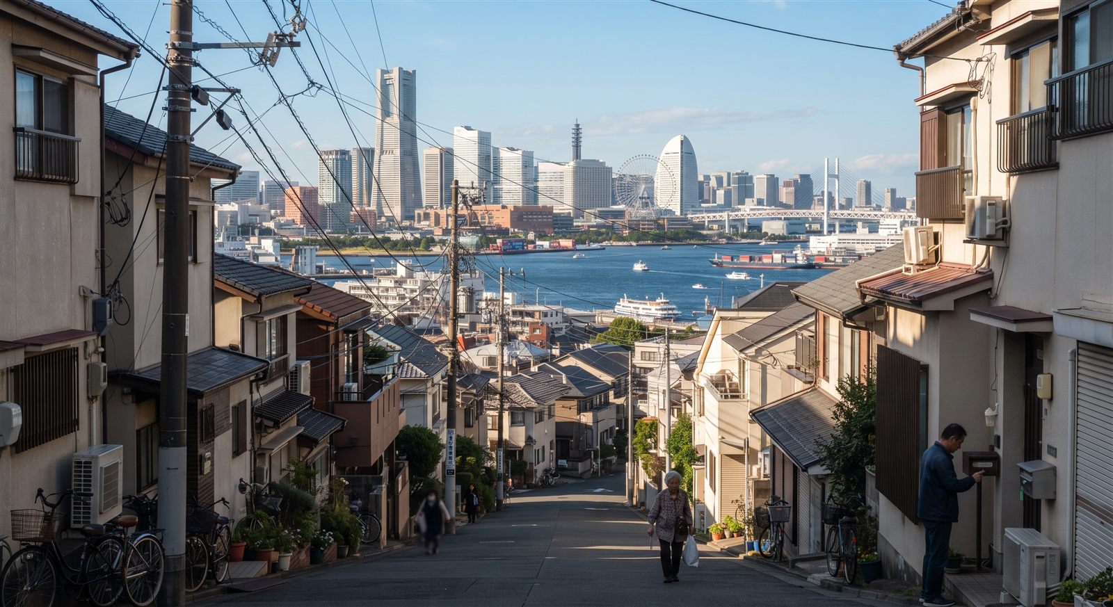 横浜の高台の住宅街から見たみなとみらいの高層ビル群と港