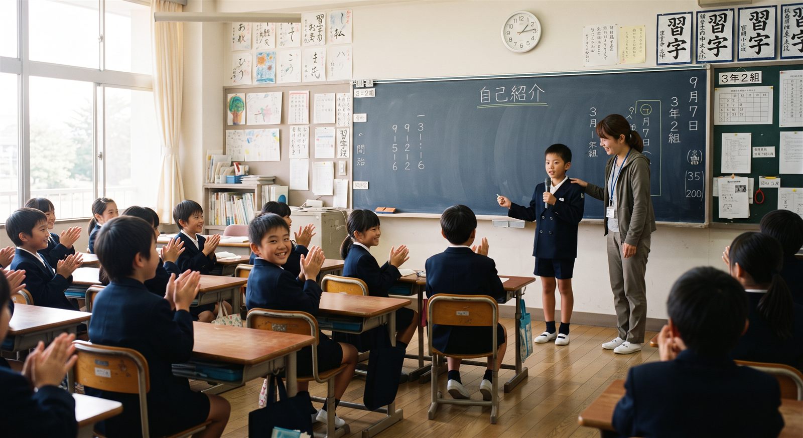 日本の小学校の教室で黒板の前に立ち自己紹介をする児童と拍手するクラスメイト