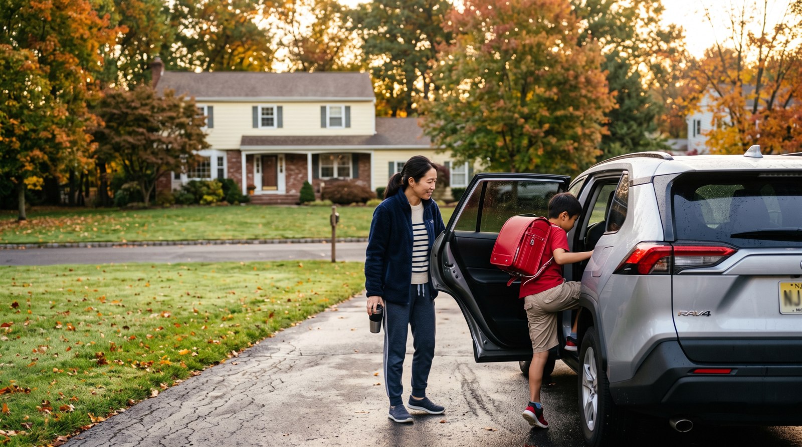 A Japanese-American mother and her son with a school backpack getting into the car on a Saturday morning in a New Jersey suburb