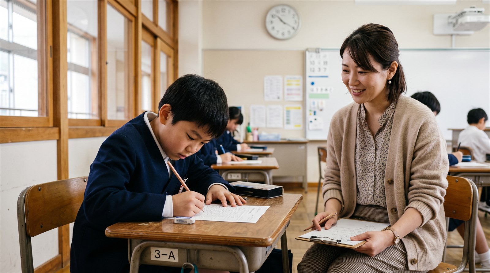 A child writing Japanese characters on a short entrance test at a classroom desk while a Japanese teacher observes with a clipboard