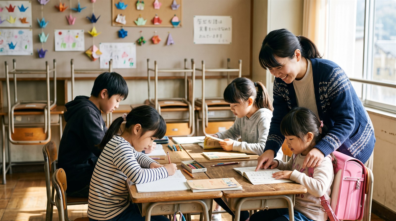 A very small Saturday community classroom with four children of different ages sharing one table with a single Japanese teacher