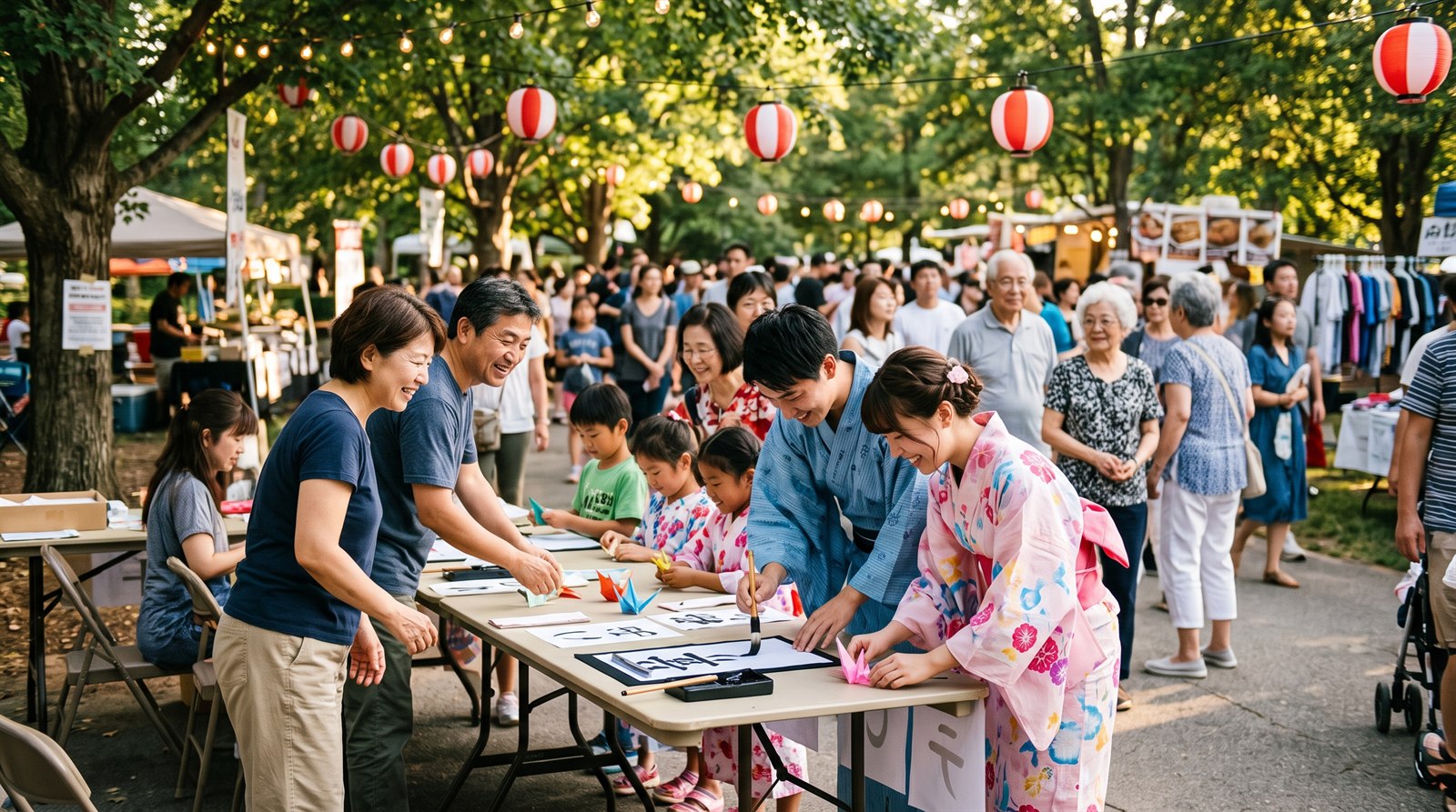 Families and volunteers at an outdoor Japanese cultural festival craft booth where children try calligraphy and origami