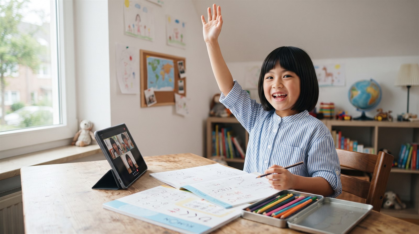 海外の自宅でタブレットに向かい、日本のオンライン授業に参加して手を挙げる小学生の女の子