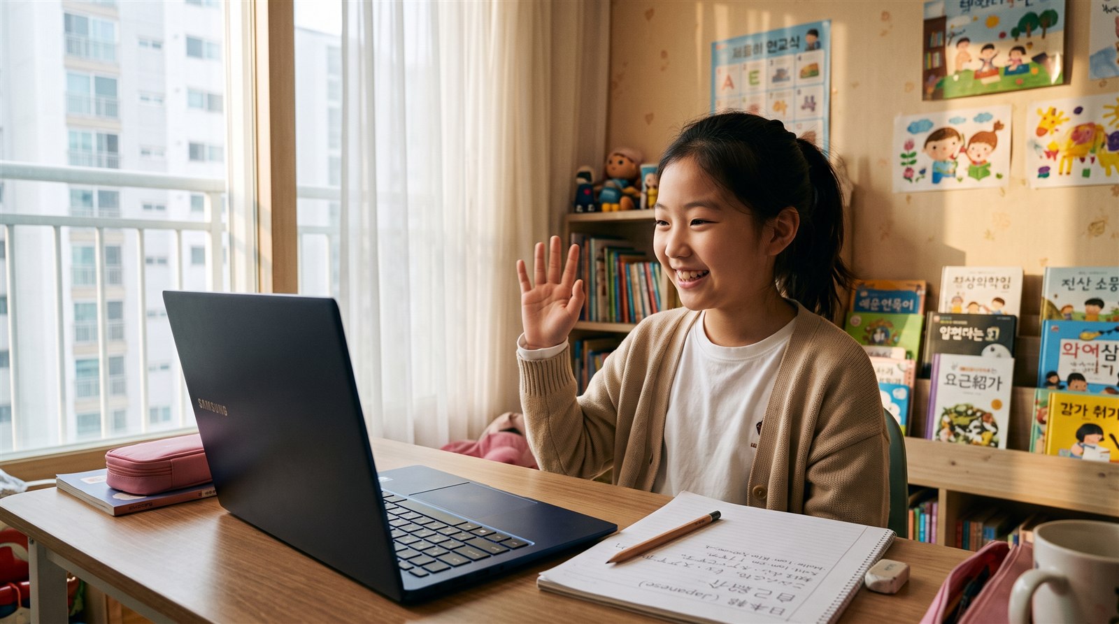 海外の自宅で、日本から届いた教科書の包みを親子で開けている