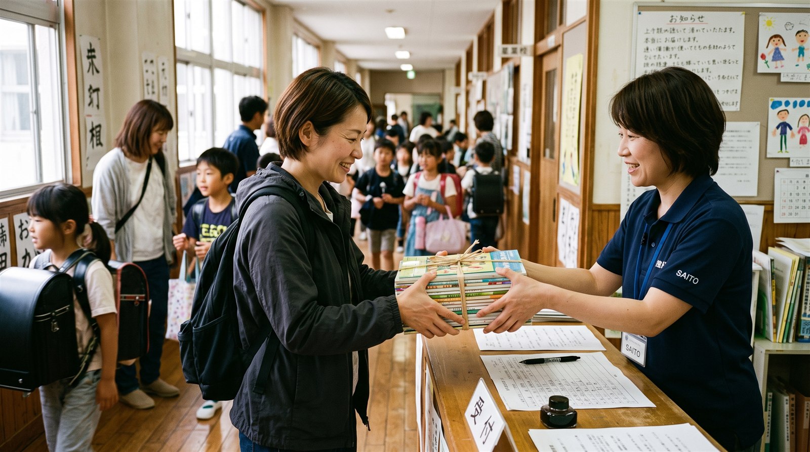 補習授業校の受付で、保護者が日本の教科書の束を受け取っている土曜日の朝