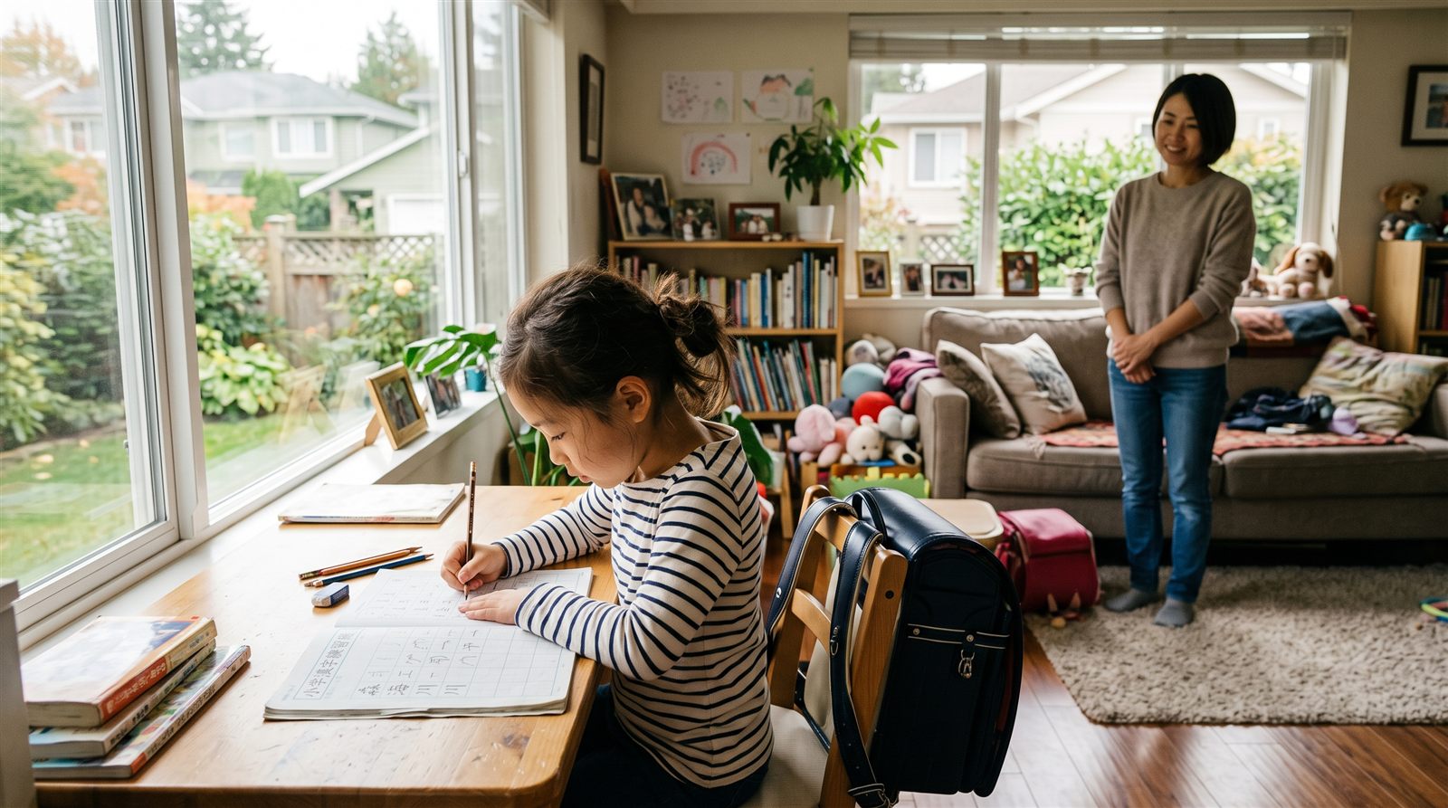 海外の自宅のリビングで漢字の練習帳に取り組む小学生と、少し離れて見守る母親
