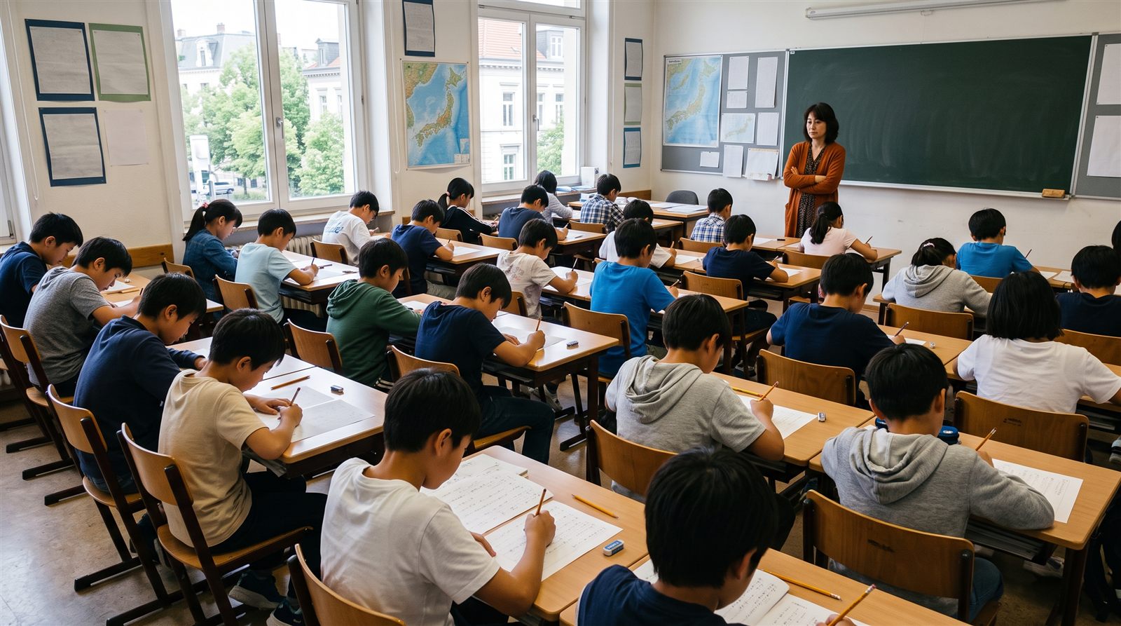 海外の日本語補習校の教室で、子どもたちが机を並べて一斉に筆記試験を受けている様子