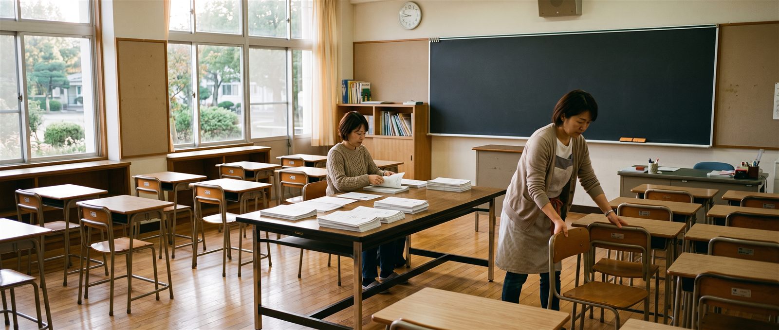 海外の補習校の教室で、保護者のボランティアが検定の前に机を並べ直して準備している様子