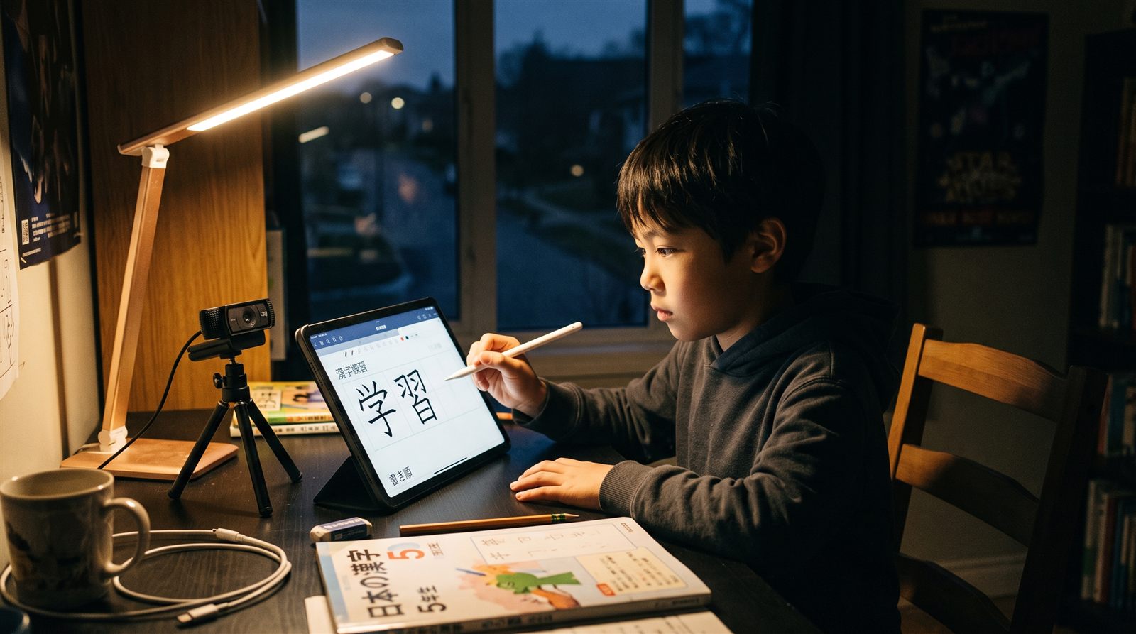 早朝の薄暗い部屋で、スタンドライトの下でタブレット端末に漢字を書き込む小学生