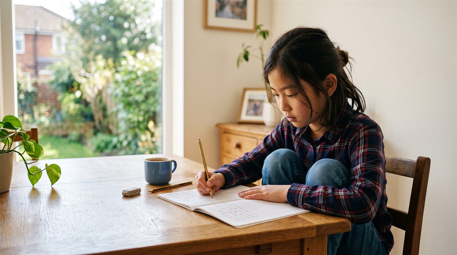 海外の自宅のダイニングテーブルで、小学校高学年くらいの女の子が鉛筆でノートに書き込んでいる