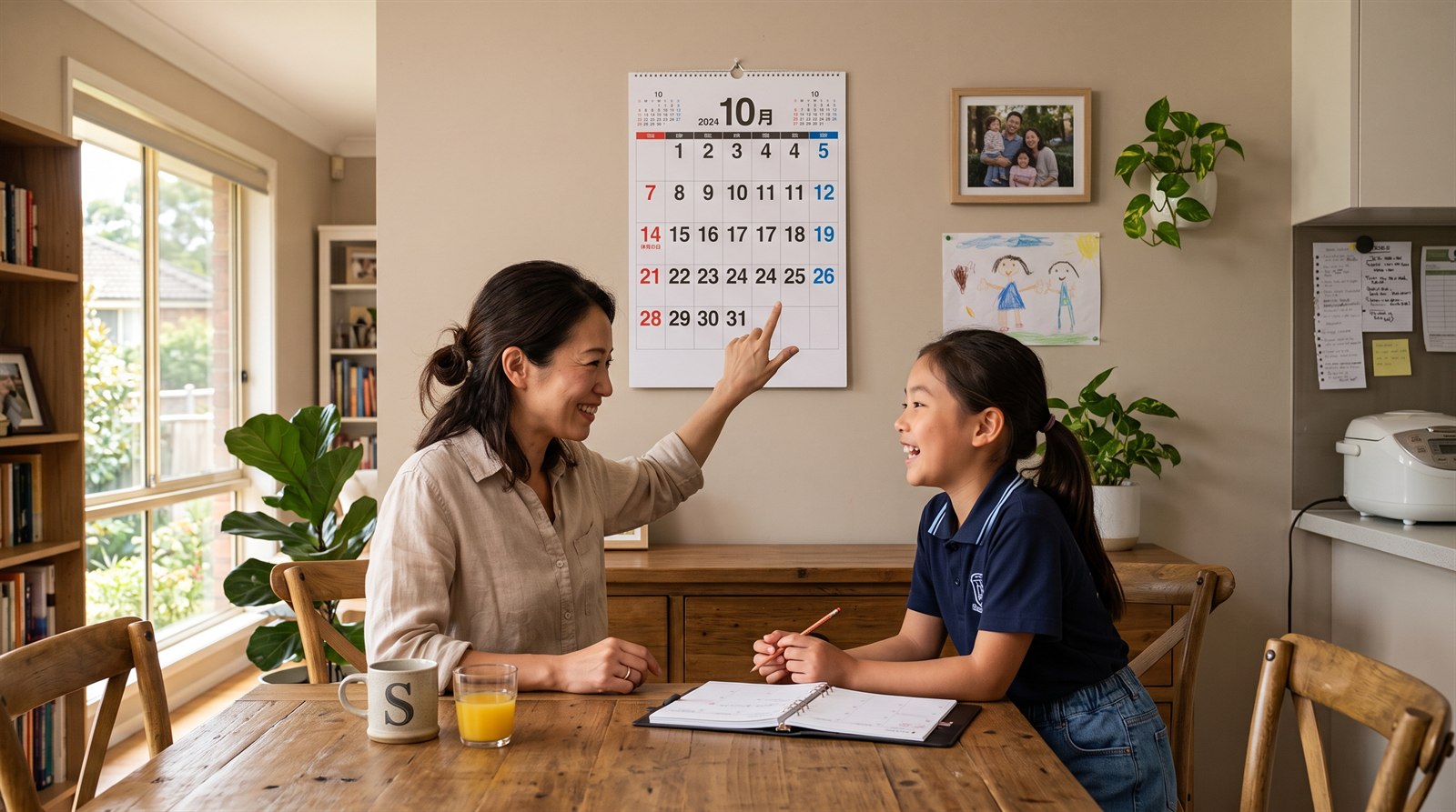 海外の自宅のダイニングで、母親が壁の日本のカレンダーを指さし、制服姿の女の子が手帳を開いて笑っている