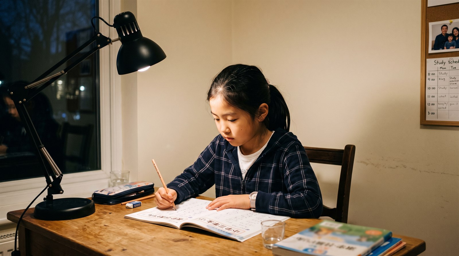夜の自室の机で、デスクライトの下で日本人の女の子が日本語のドリルに鉛筆で書き込んでいる