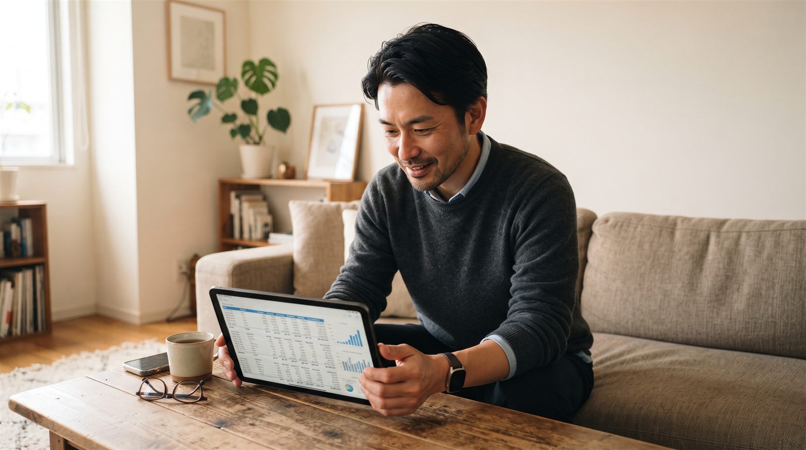 自宅のリビングで、父親がソファにもたれてタブレットに表示した数字の一覧を見ている