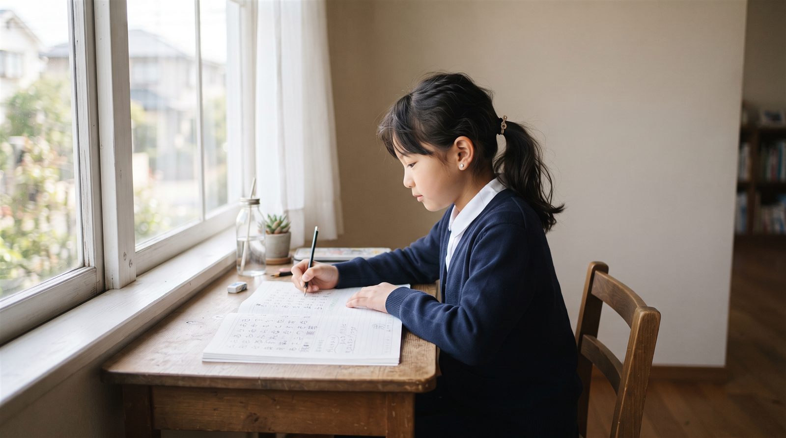 窓辺の机で、小学生くらいの女の子がノートに鉛筆で書き込みをしている