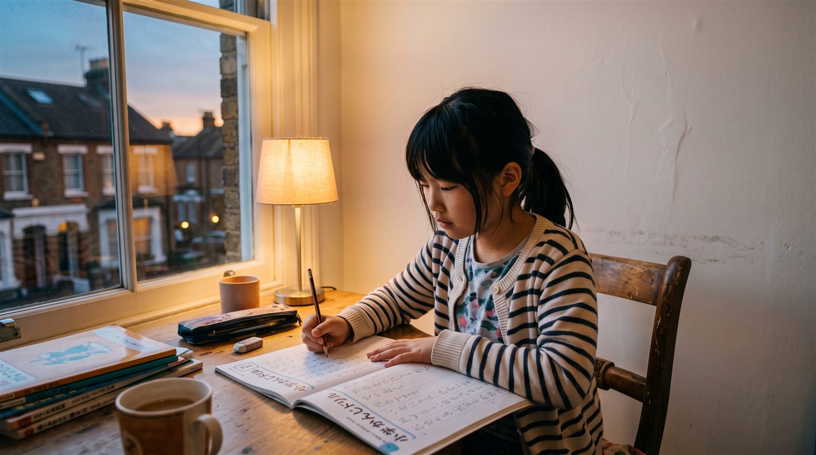 海外の自宅の窓辺の机で、日本人の小学生の女の子が夕方に日本語のドリルに書き込んでいる