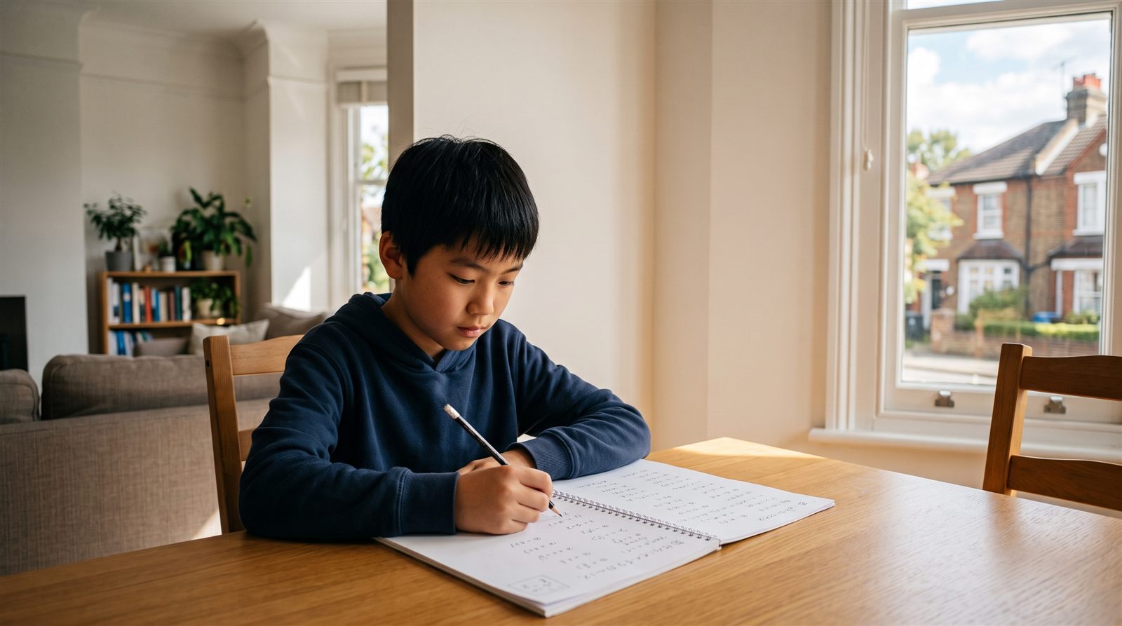 海外の自宅のリビングのテーブルで、日本人の十二歳くらいの男の子がノートを広げて書いている
