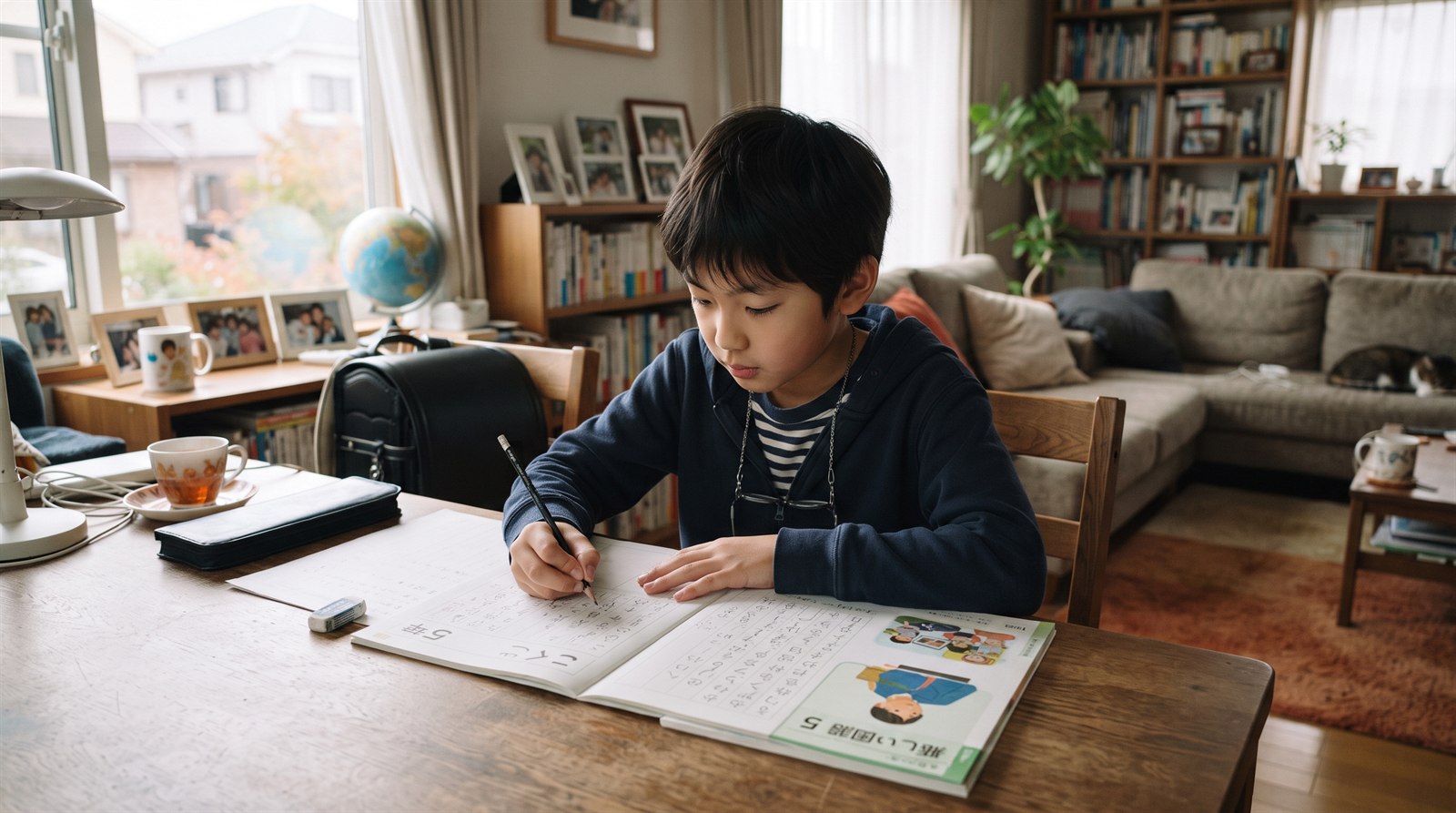 海外の自宅のリビングで、小学校高学年の男の子が机に向かって日本語の教材を広げ、鉛筆を持って書いている