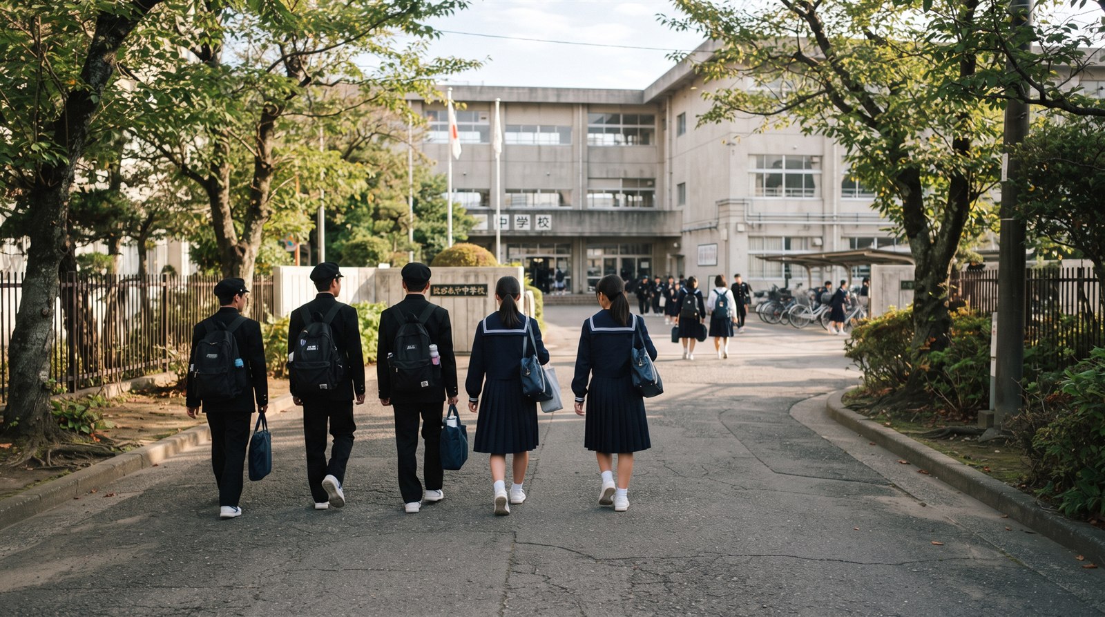 日本の中学校の校舎に向かって、制服姿の生徒たちが通学路を歩いている後ろ姿