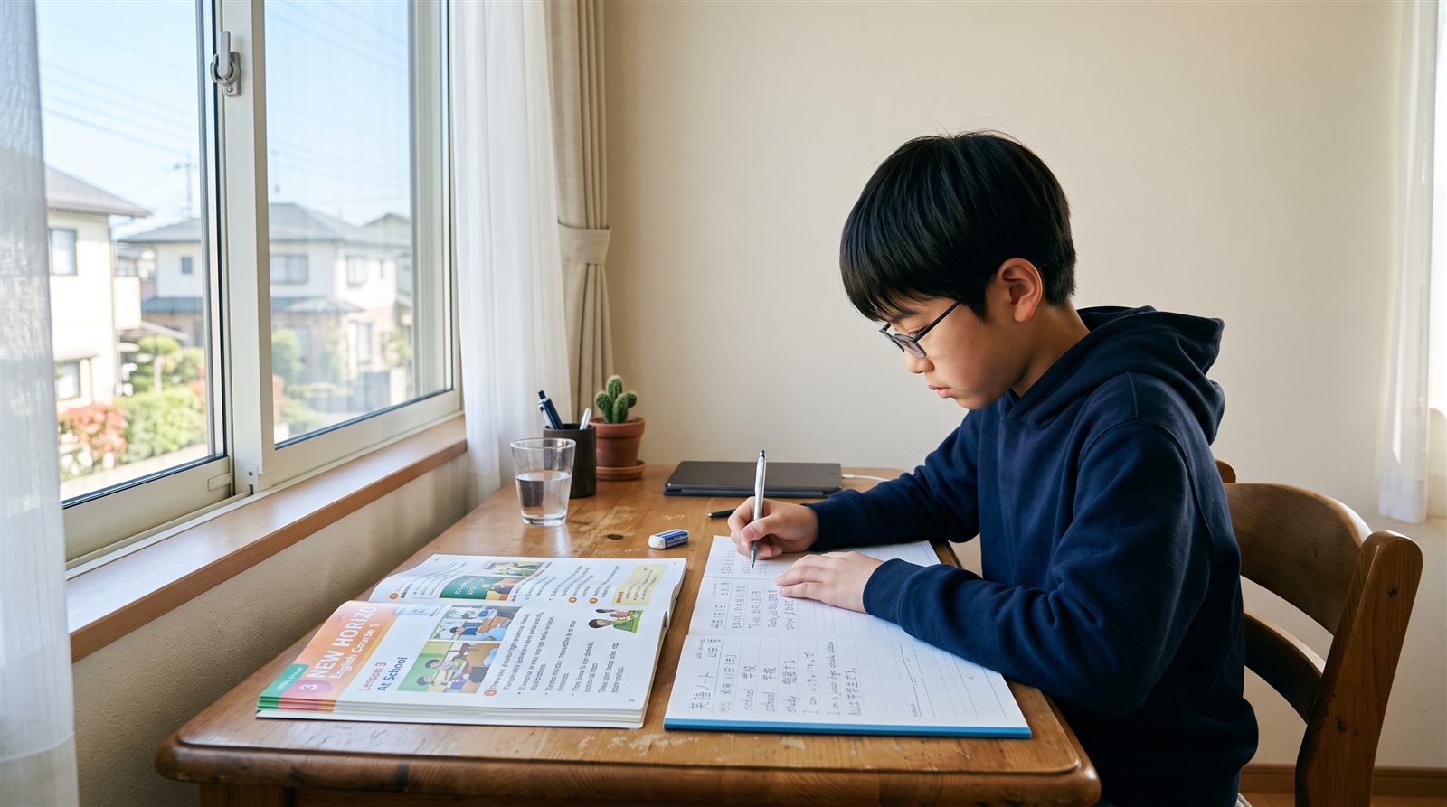 窓際の机で、眼鏡をかけた小学校高学年の男の子が、英語の教科書と日本語のノートを並べて広げ、鉛筆で書き込んでいる