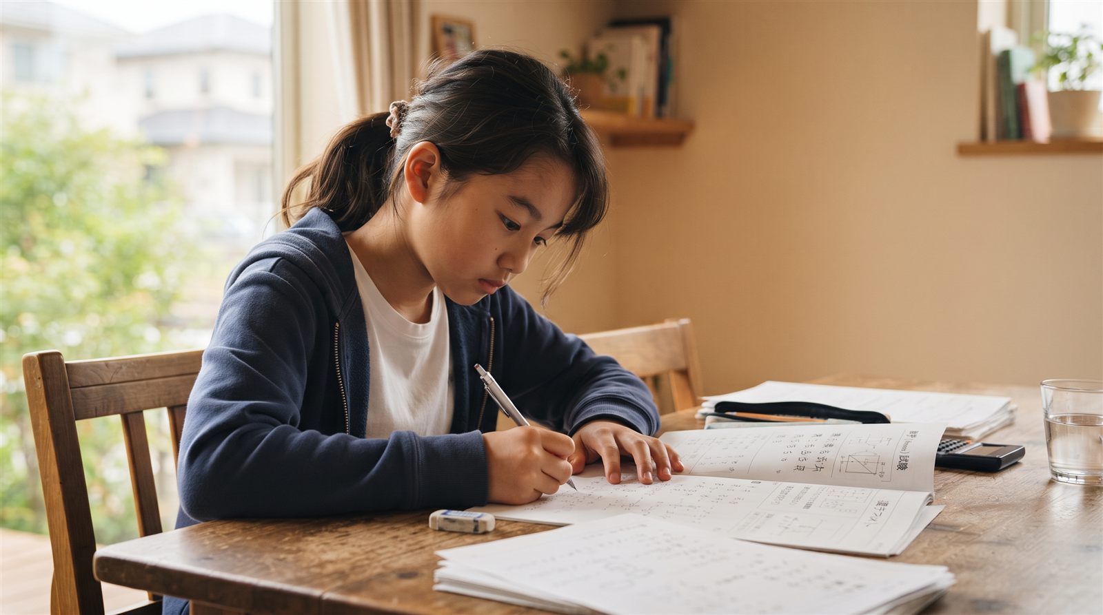 自宅のダイニングテーブルで、小学校高学年の女の子が印刷した問題用紙に鉛筆で書き込んでいる