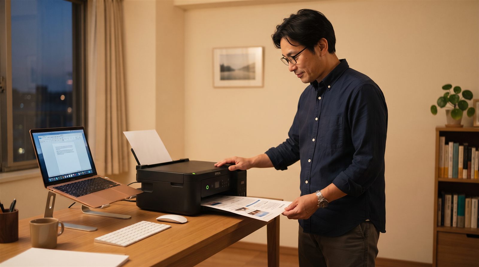 自宅の書斎で、眼鏡をかけた40代くらいの男性が家庭用プリンターから出てきた印刷物を手に取っている