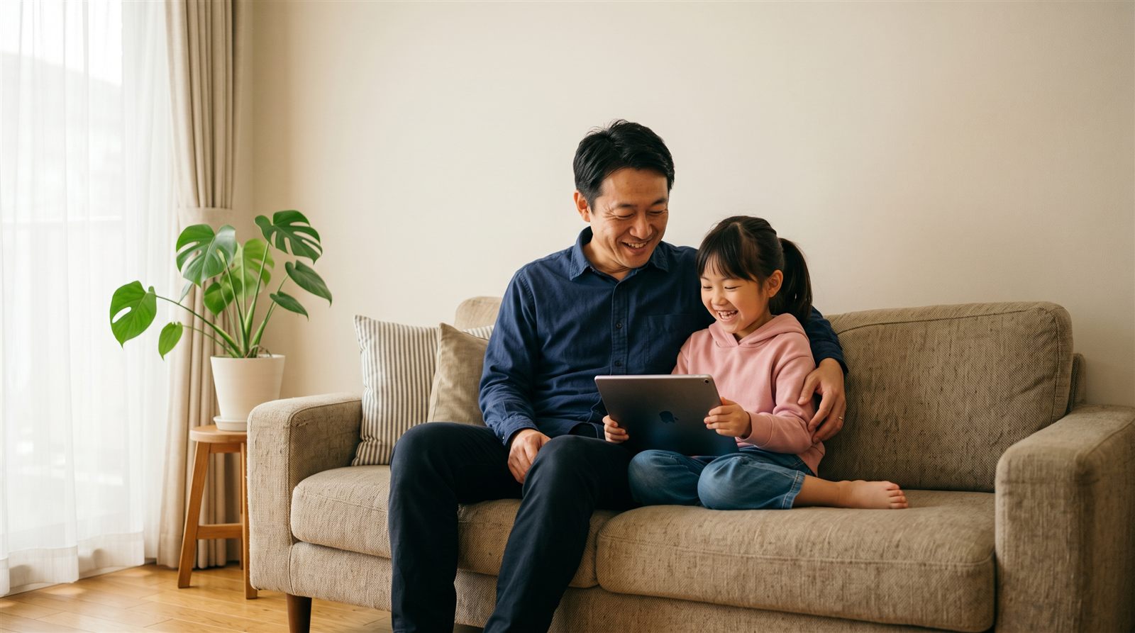 自宅のリビングのソファで、父親と小学生の娘がタブレットの画面を一緒に見ている