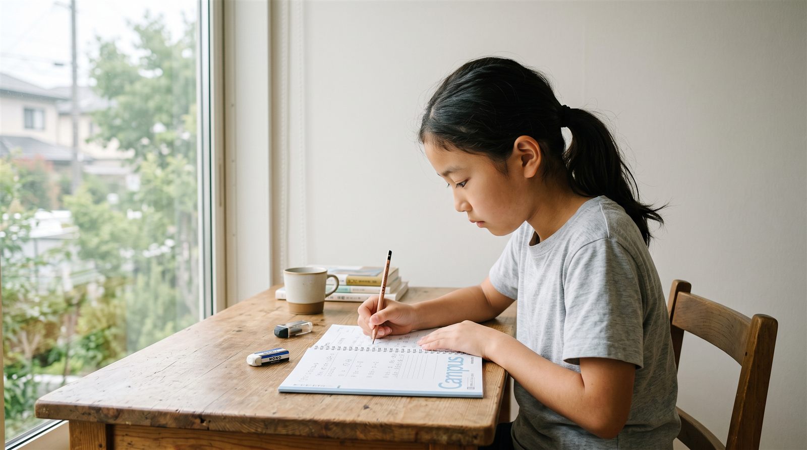 窓際の机で、小学生の女の子が鉛筆を持ってノートに書いている