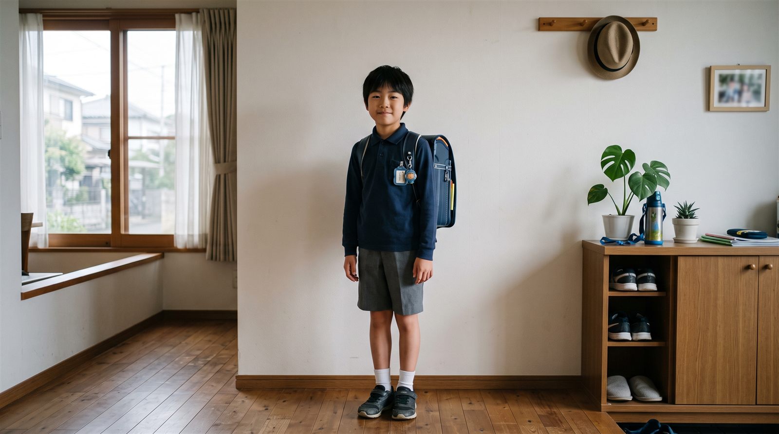 ランドセルを背負った小学生の男の子が、家の中に立っている