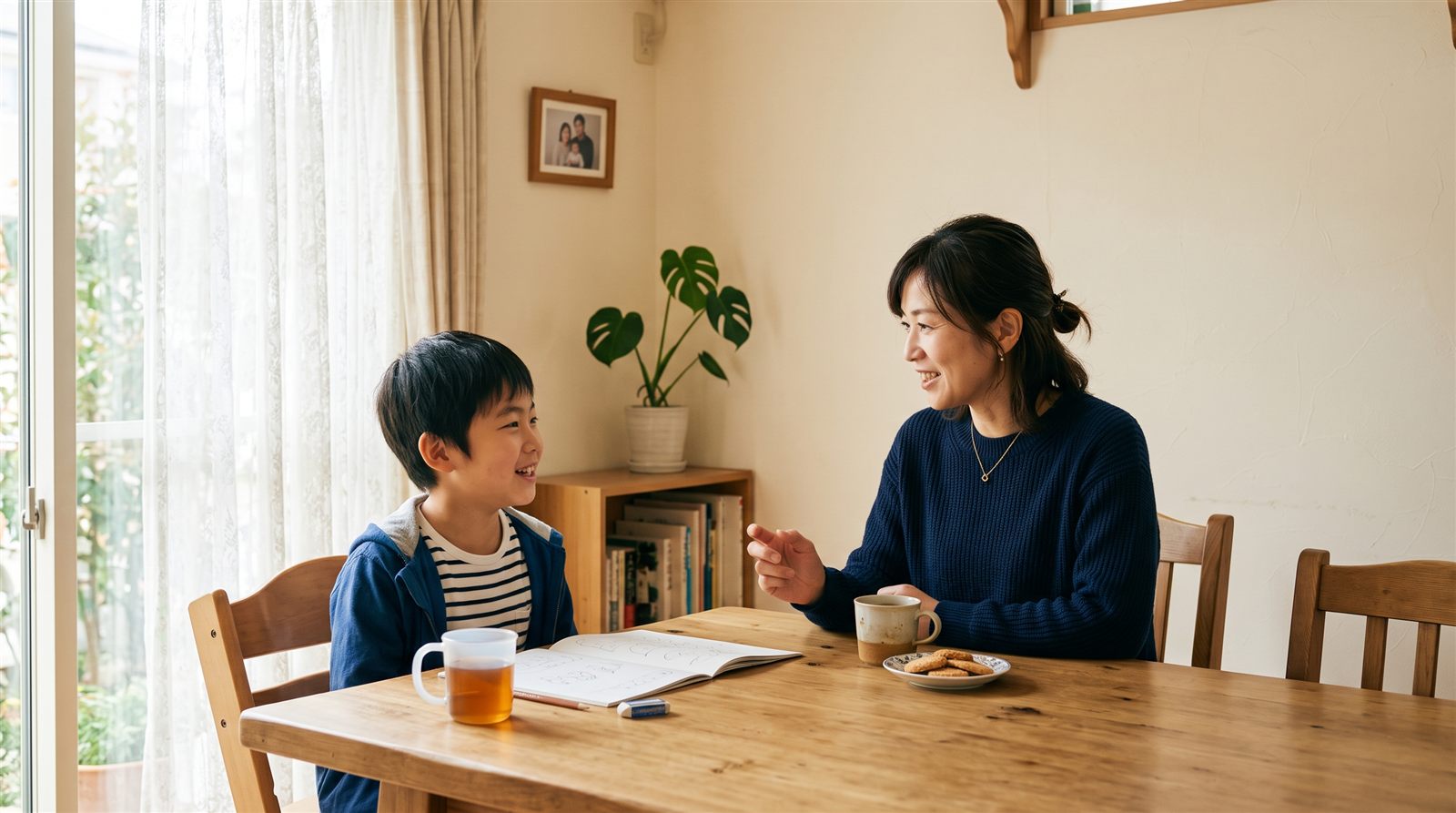 食卓で、母親と小学生の息子が向かい合って笑いながら話している