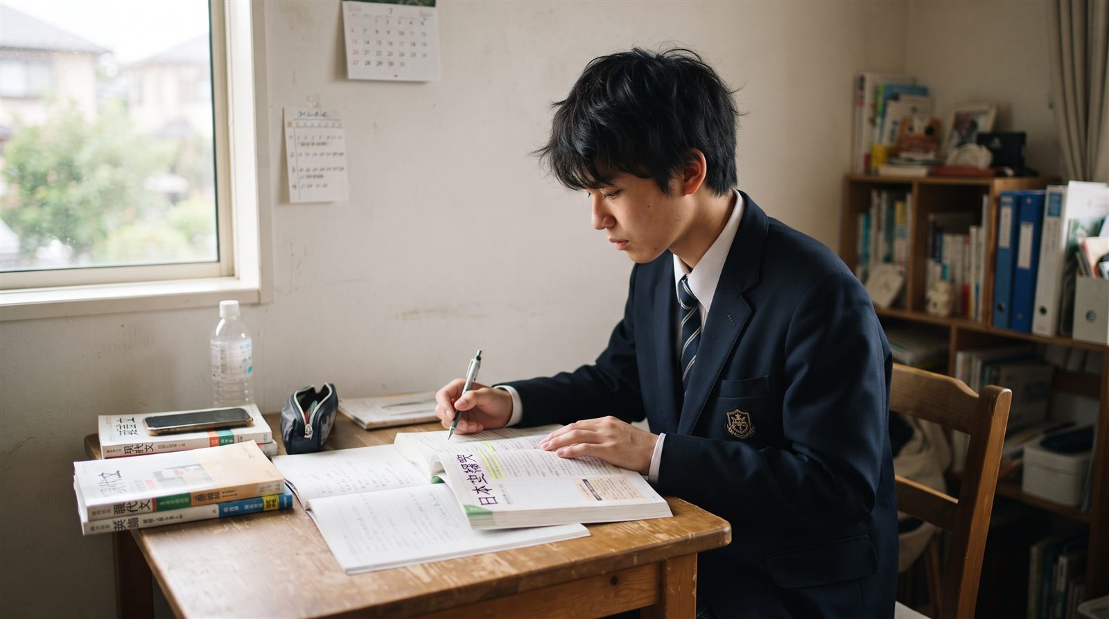 制服姿の男子高校生が、窓際の机で参考書とノートを広げ、ペンを持って一人で勉強している