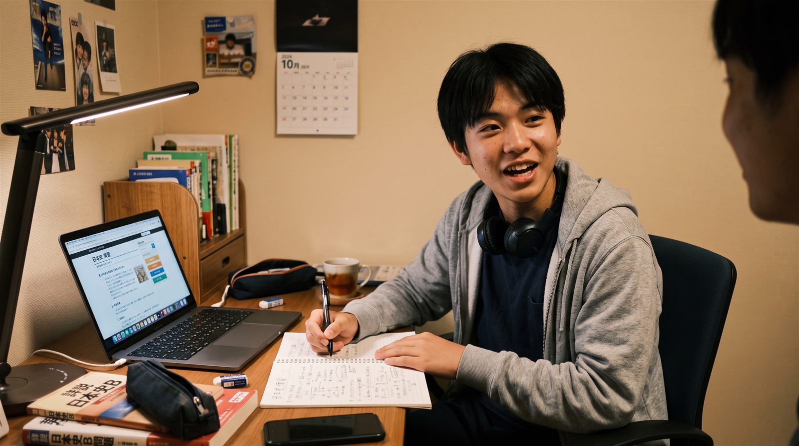 デスクライトの下でノートに書き込みながら、高校生の男子が手元の資料について話している