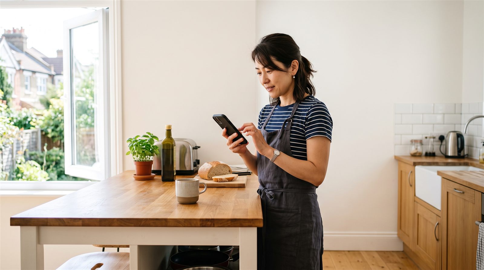 海外の自宅のキッチンで、母親が立ったままスマートフォンで日本の学校の情報を調べている