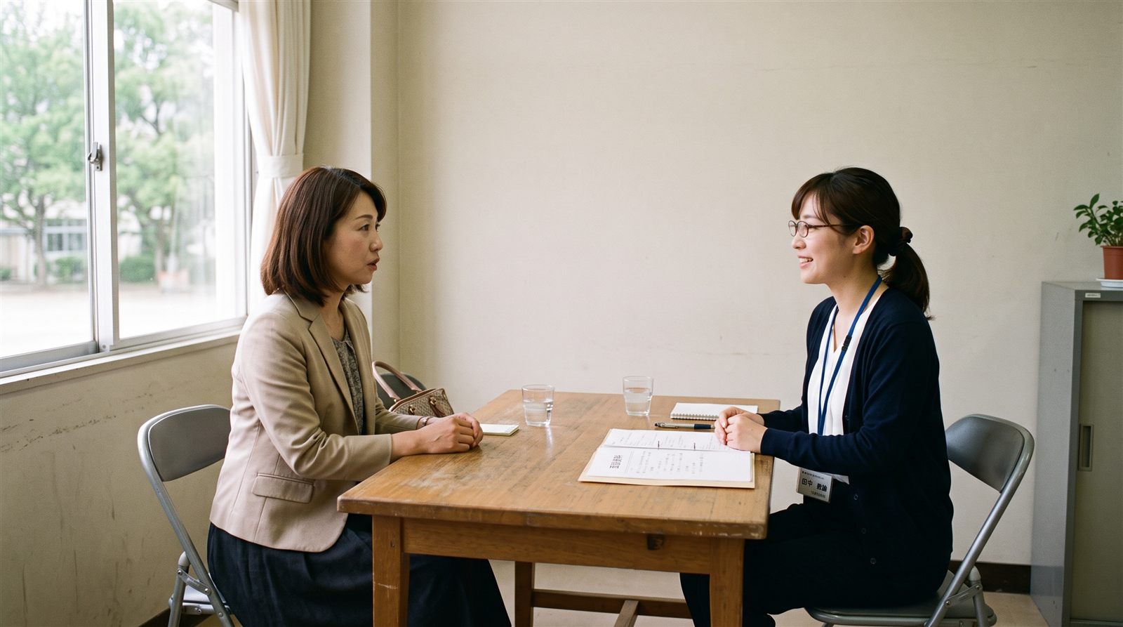 日本の学校の面談室で、保護者と教員が机をはさんで受け入れ体制について話している