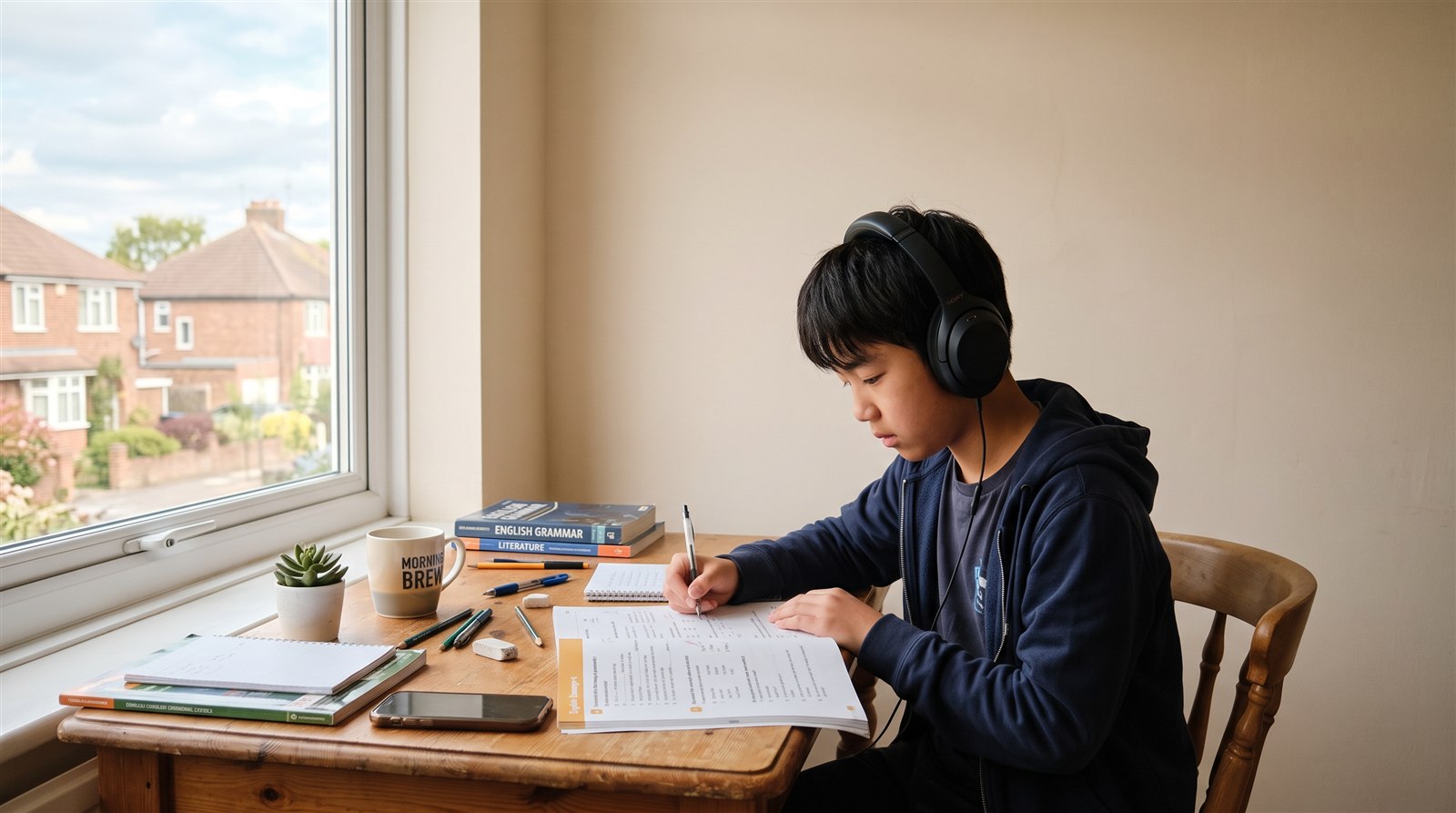 海外の住宅街に面した窓辺の机で、ヘッドホンをつけた中学生の男の子が問題集に書き込んでいる