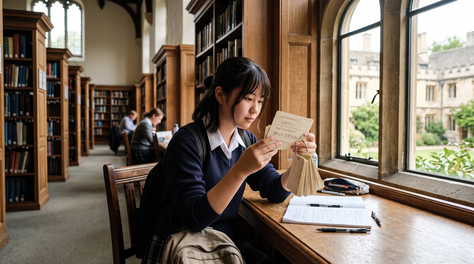 海外の図書館の窓際の席で、制服姿の高校生の女の子がリングでとじた単語カードを手に持っている