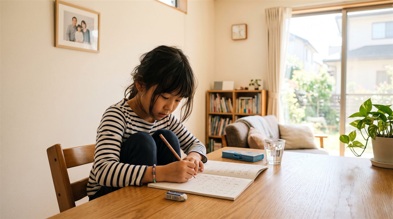 明るいリビングのテーブルで、小学生の女の子がマス目のノートに鉛筆で書いている