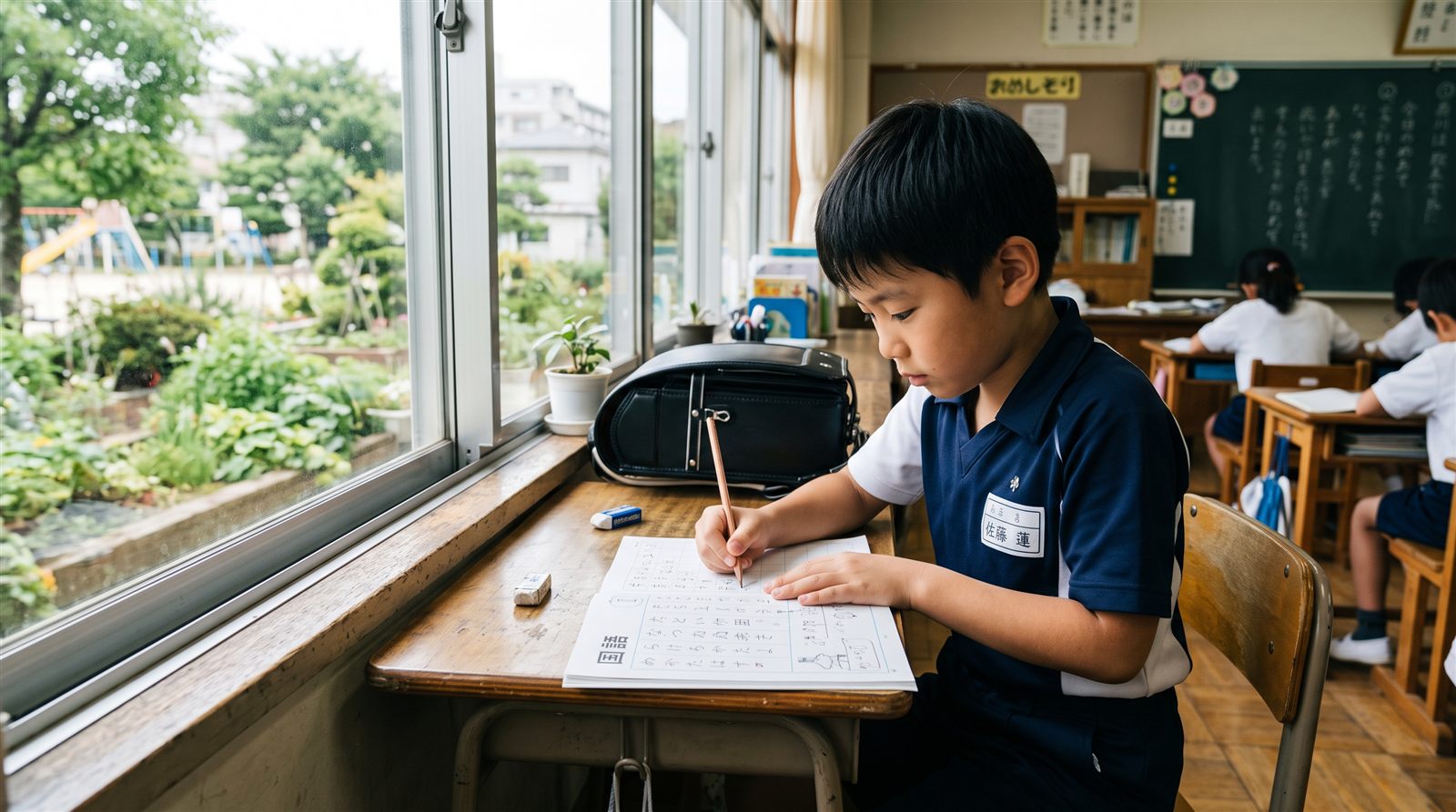 日本の小学校の教室の窓際の席で、小学生の男の子がマス目のプリントに鉛筆で書き込んでいる