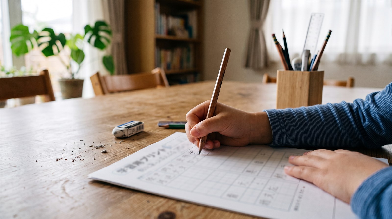 海外の自宅のダイニングテーブルで、小学生が鉛筆で漢字ドリルに書き込んでいる手元