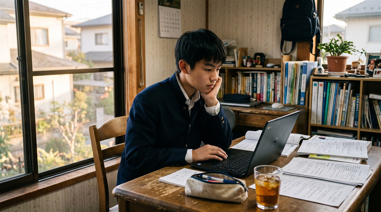 本棚の前で母親が数冊の漢字ドリルを見比べながら子どもに合うものを選んでいる