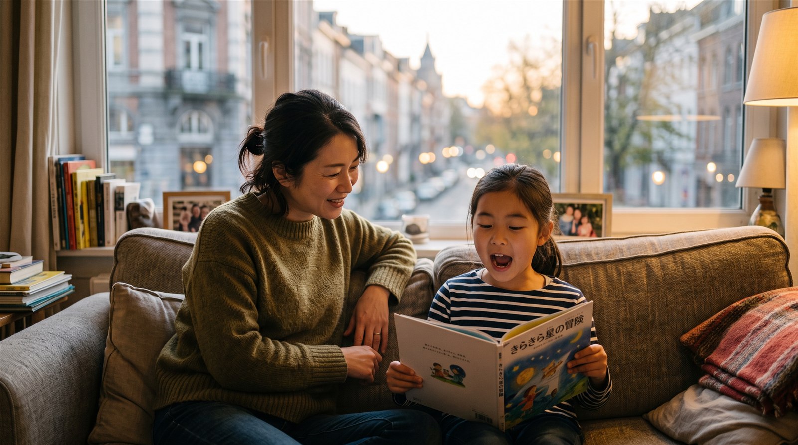 海外の家庭のソファで、母親と小学生の女の子が日本語の本を一緒に読み、子どもが声に出して音読している