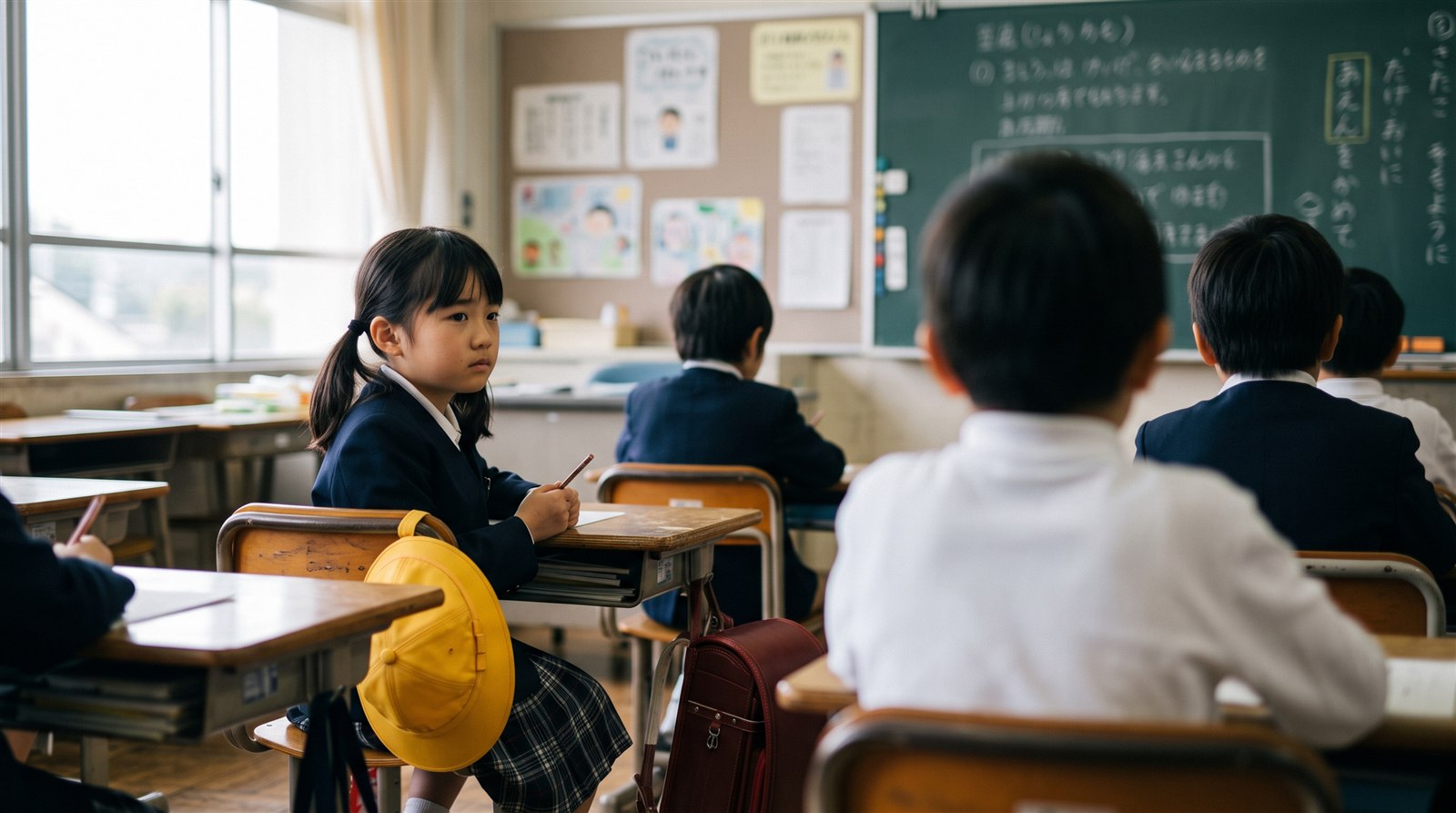 日本の小学校の教室で、転入したばかりの子どもが黒板の文字を見つめている